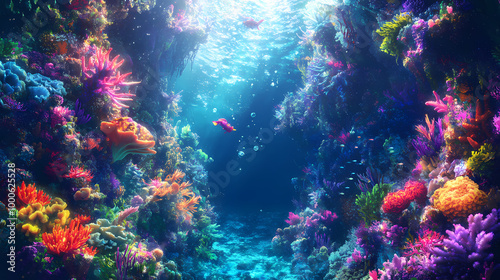 Fototapeta Naklejka Na Ścianę i Meble -  Underwater kingdom, glittering underwater kingdom ruled by merfolk amidst colorful coral reefs and exotic sea Merfolk Kingdom. Illustration