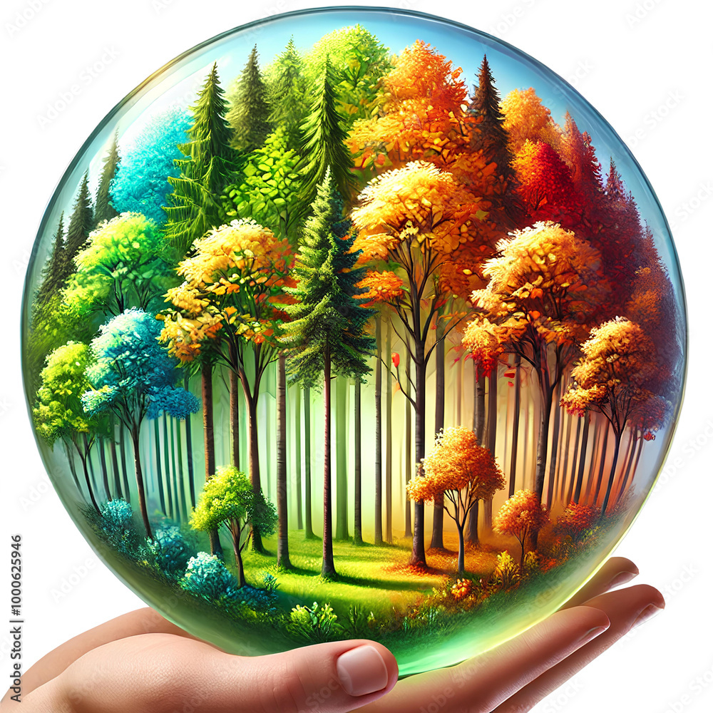 A transparent globe filled with vibrant multicolored trees in shades of green, orange, red, and yellow, representing the changing seasons. A transparent globe filled with vibrant multicolored trees in shades of green, orange, red, and yellow, representing the changing seasons.