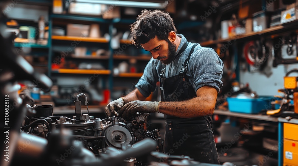 Focused mechanic working on engine in cluttered workshop, highlighting skill and precision in automotive repair. Craftsmanship and mechanical work concept