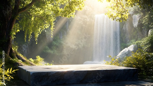 3. A captivating illustration of a rugged stone display podium in front of a picturesque waterfall, with sunlight filtering through the trees, creating a peaceful and inviting backdrop for product photo