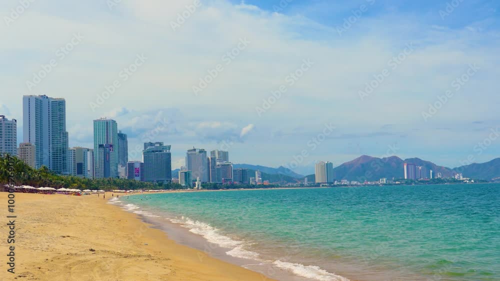 Beach overlooking view city on the coast of Southeast Asia in the morning Vientam Nha Trang, 15 September 2024. Beach overlooking view city on the coast of Southeast Asia in the morning Vientam Nha Trang, 15 September 2024.
