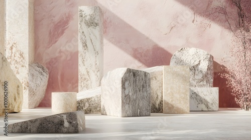 1. A minimalist 3D rendering featuring pastel geometric stone and rock shapes, creating an elegant backdrop for a podium display, with soft colors and gentle shadows enhancing the serene atmosphere photo