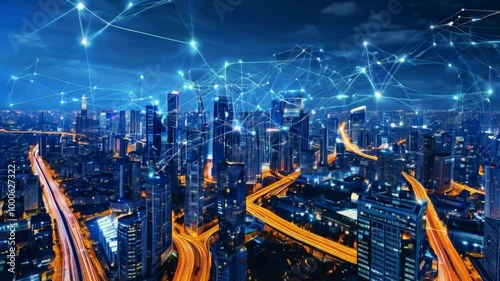 Wallpaper Mural A futuristic cityscape illuminated at night with network connections overlaying the skyline. Torontodigital.ca