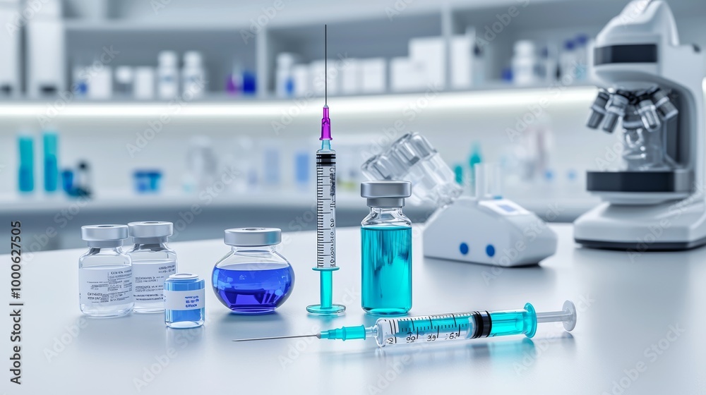 Medical Supplies and Syringes on Laboratory Table Medical Supplies and Syringes on Laboratory Table
