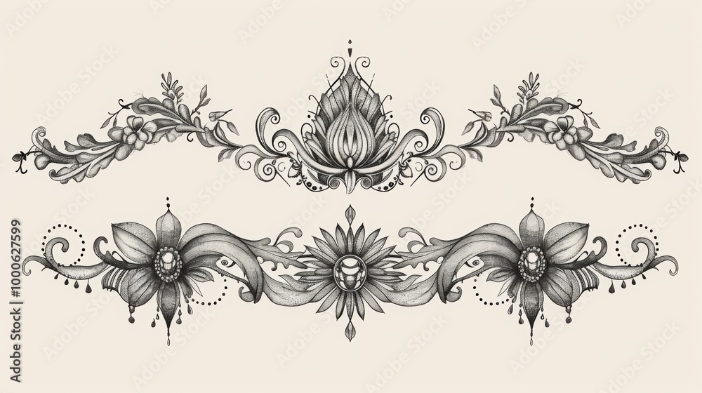 Ornate Floral Decorative Pattern with Elegant Swirling Flourishes and Curving Designs Ornate Floral Decorative Pattern with Elegant Swirling Flourishes and Curving Designs
