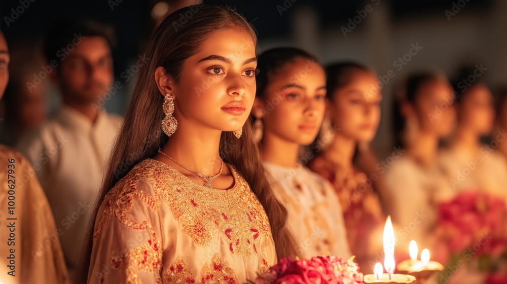 Elegant Woman in Traditional Attire Participating in Candlelight Ceremony Elegant Woman in Traditional Attire Participating in Candlelight Ceremony