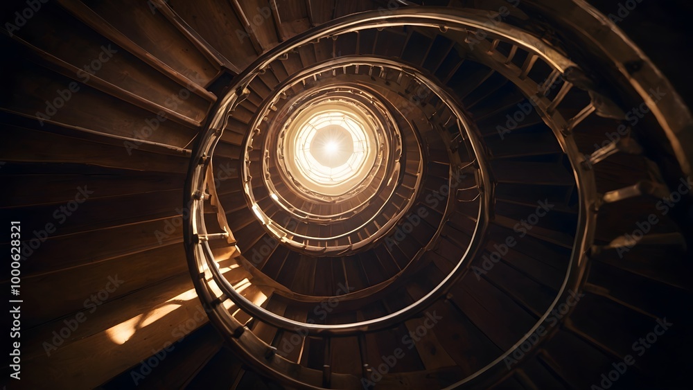 Spiral Stairway Leading to a Bright Light Fixture at the Top in an Architectural Structure Spiral Stairway Leading to a Bright Light Fixture at the Top in an Architectural Structure