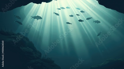 Underwater Cave Silhouettes, a vibrant vector illustration showcasing the enchanting underwater world with fish and algae set against the mysterious backdrop of a cave. photo