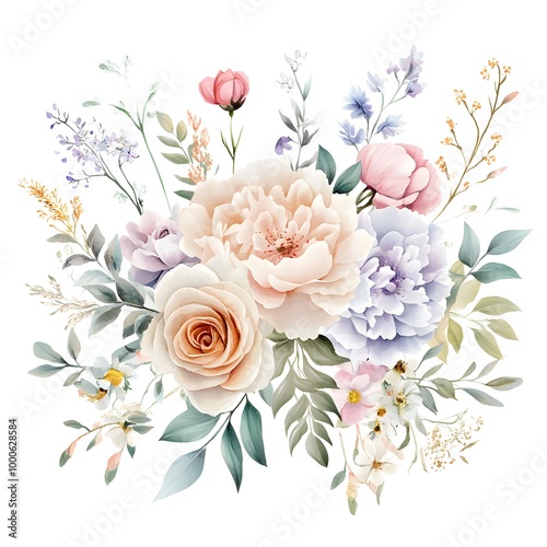 A watercolor clipart of an elegant floral arrangement with roses, peonies, and wildflowers in pastel colors on a white background.