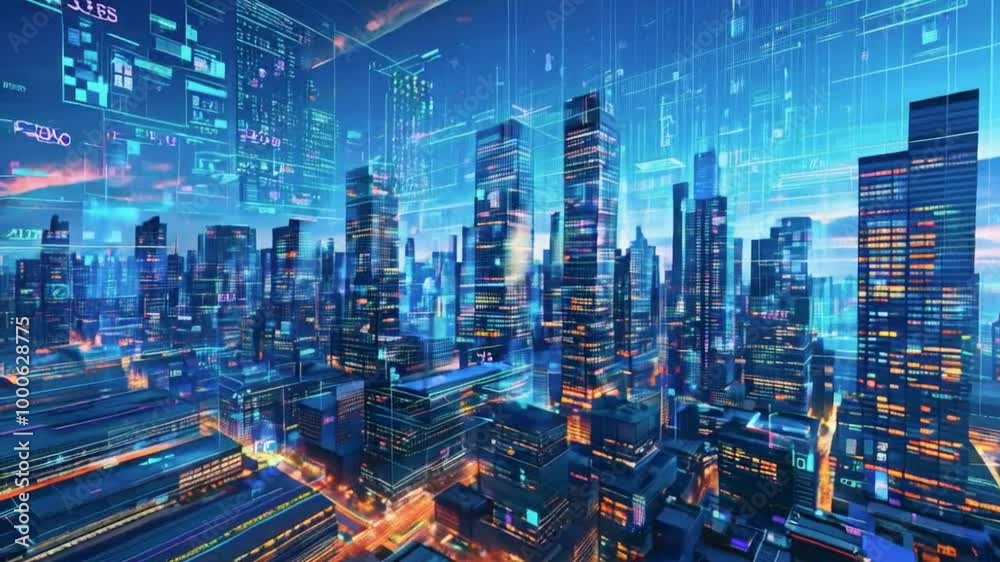 Futuristic cityscape with digital elements and vibrant lights. Futuristic cityscape with digital elements and vibrant lights.