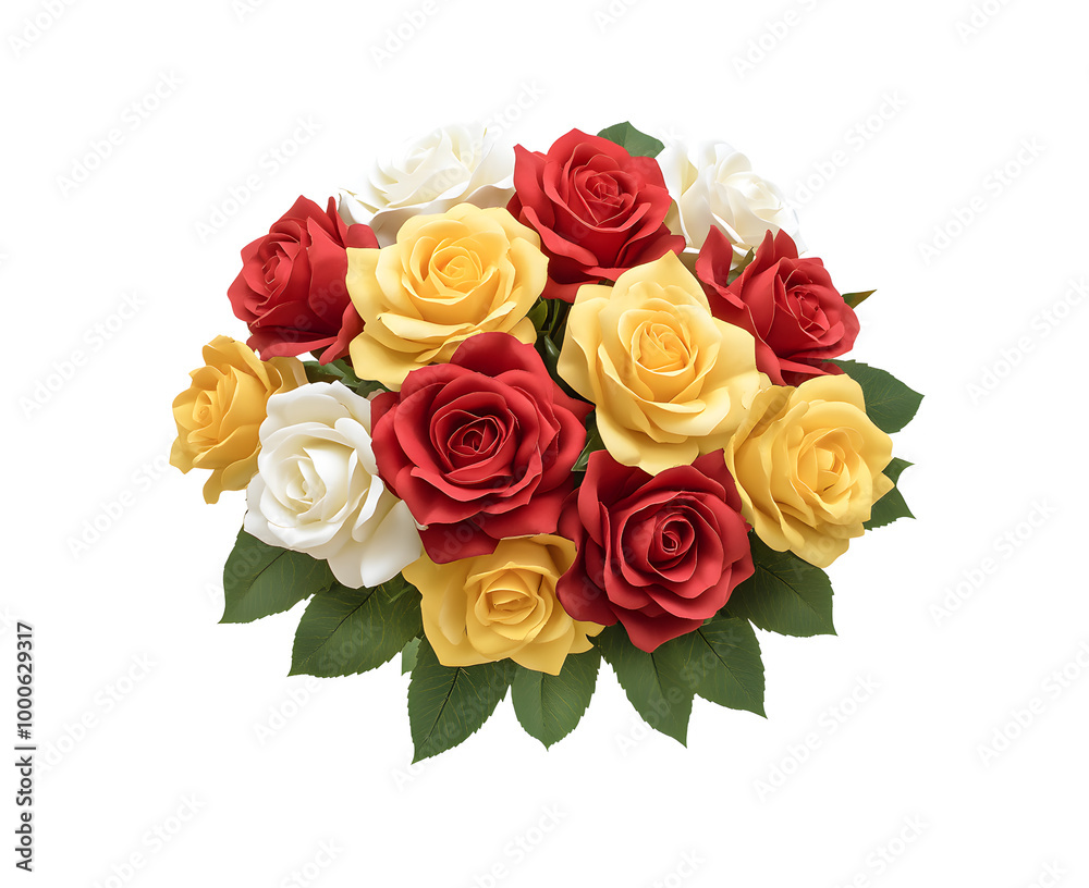 Beautiful view of the bouquet of red, yellow, and white roses on a white background Beautiful view of the bouquet of red, yellow, and white roses on a white background