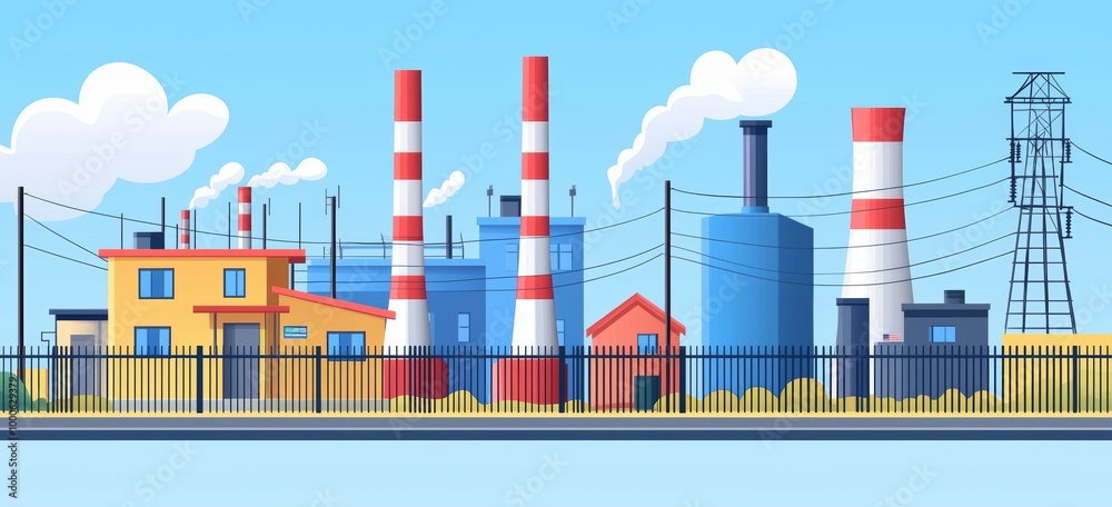 Industrial Landscape with Smokestacks and Blue Sky Industrial Landscape with Smokestacks and Blue Sky