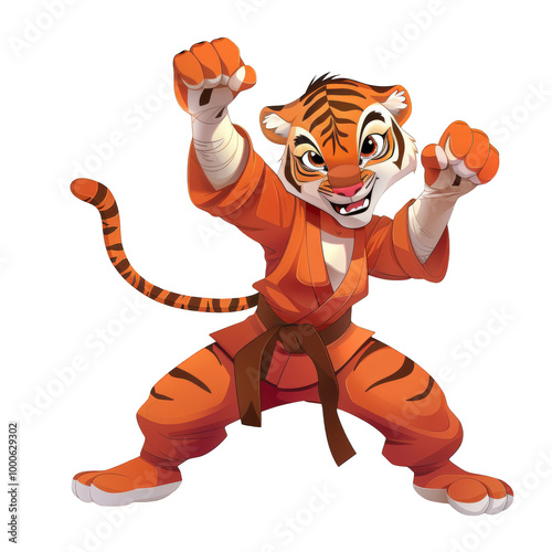 A cartoon tiger wearing a karate uniform with a brown belt, stands in a fighting pose. photo