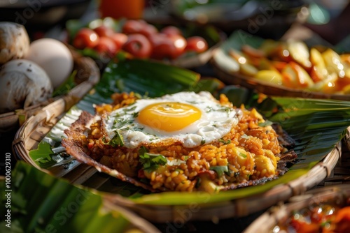 Rustic Fried Rice with Sunny-Side-Up Egg on Banana Leaf Showcasing Southeast Asian Flavors