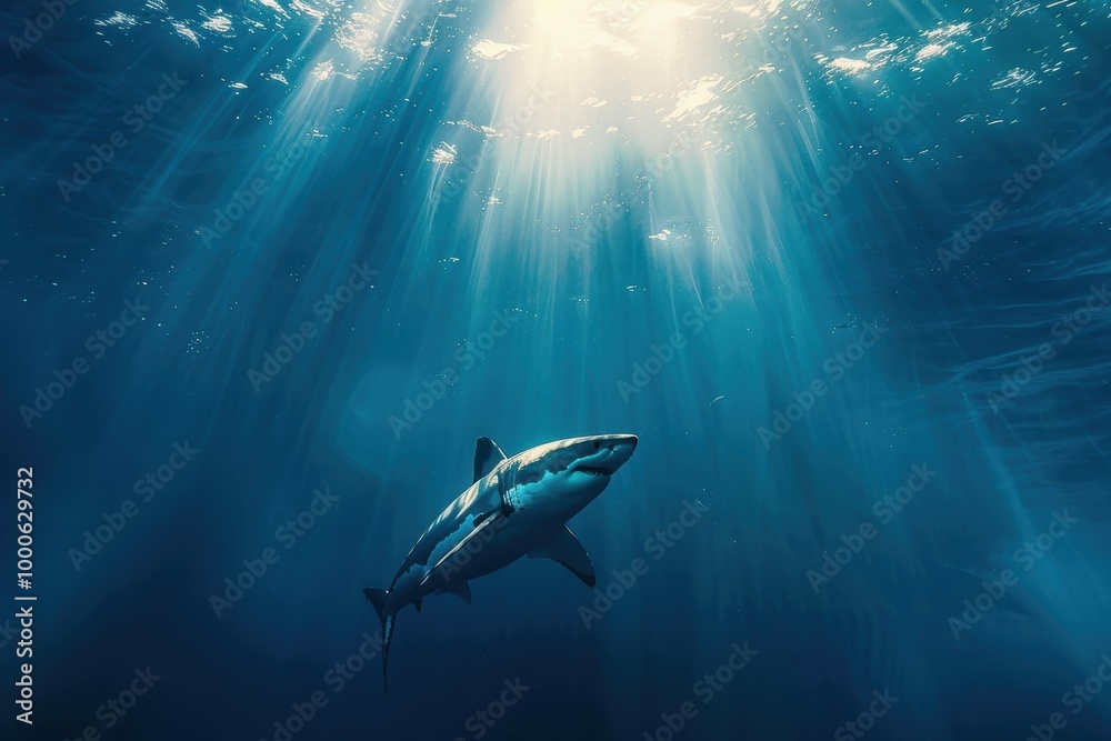 Majestic Great White Shark Swimming in Deep Blue Ocean Waters with Sunlight Filtering Down Majestic Great White Shark Swimming in Deep Blue Ocean Waters with Sunlight Filtering Down
