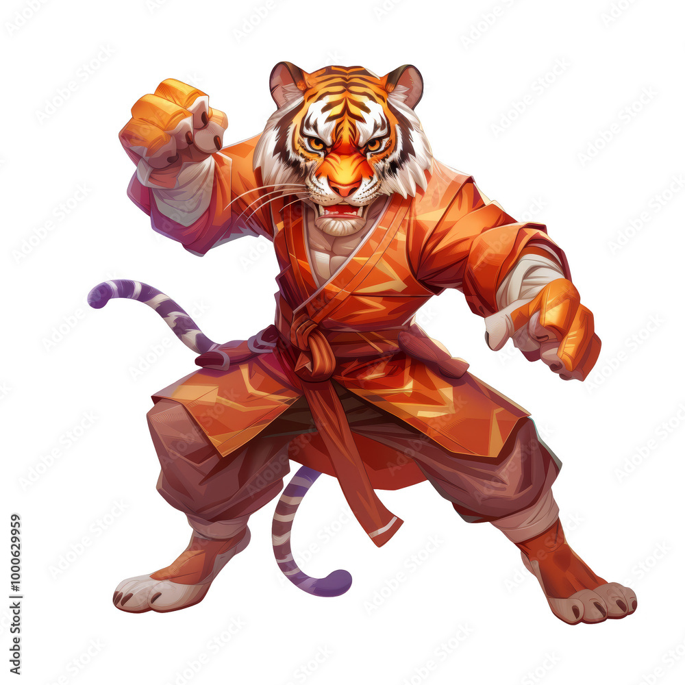 Fototapeta premium A tiger in orange martial arts clothing with a fierce expression, striking a pose.