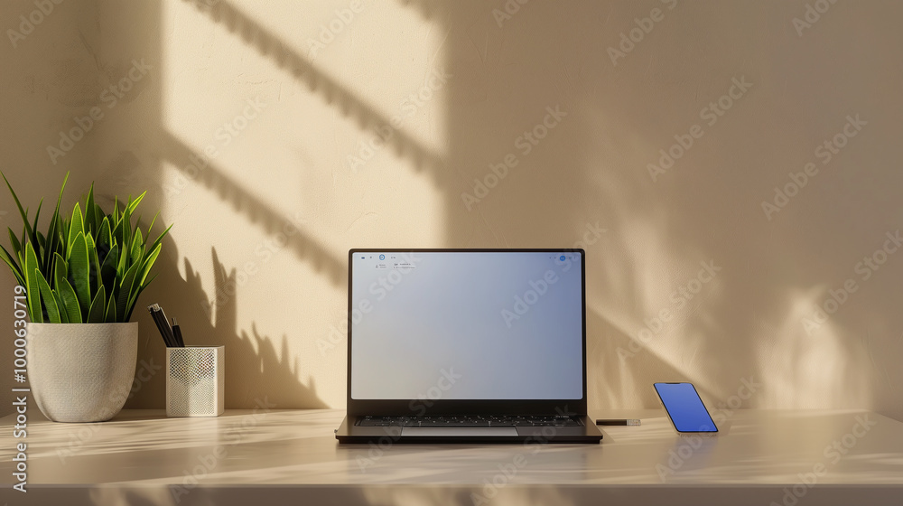 Obraz premium Modern minimalist workspace with laptop and office supplies in natural light