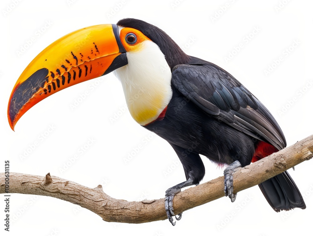 Fototapeta premium A Vibrant Toucan Perched on a Branch Isolated On White