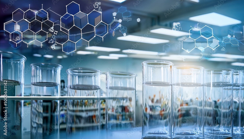 Fototapeta premium Lab beakers filled with liquid