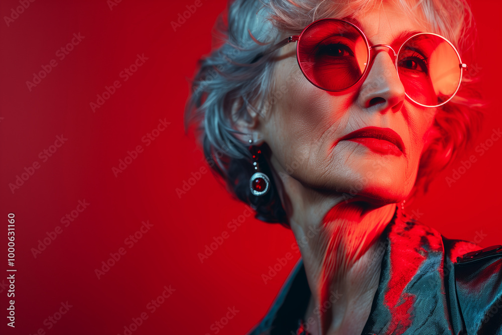 Obraz premium Confident senior woman with silver hair and red sunglasses poses creatively in bold red lighting