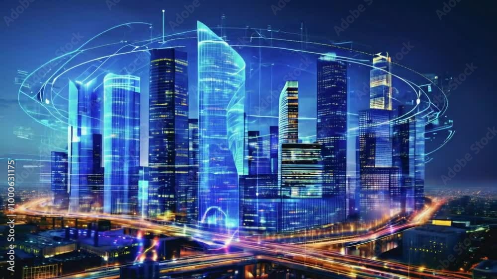 A futuristic cityscape with glowing skyscrapers and digital elements. A futuristic cityscape with glowing skyscrapers and digital elements.