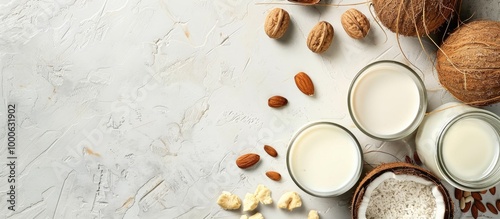 Diet And Health Nutrition Concept Vegan Alternative Nut Milk From Coconut On A Kitchen Table Top View Flat Lay Background