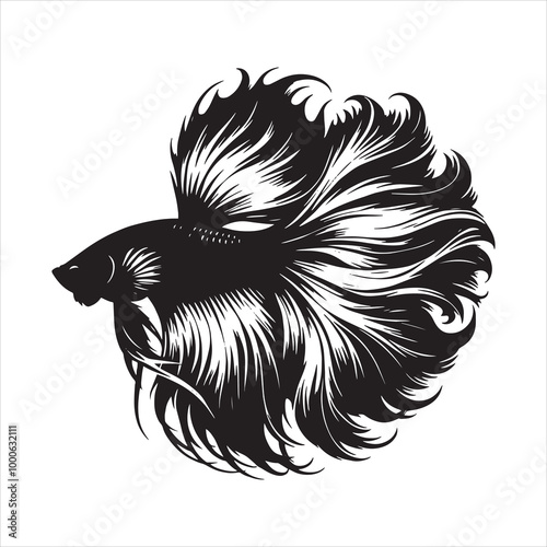 Siamese fighting Fish Vector illustration in black and white - Fish Clipart Design
