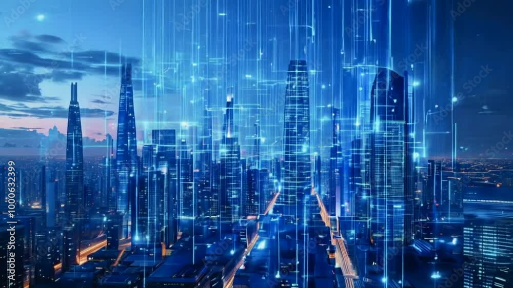 A futuristic city skyline with digital overlays representing technology and connectivity. A futuristic city skyline with digital overlays representing technology and connectivity.
