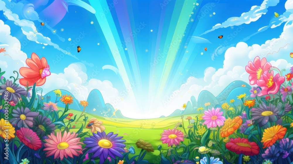 Vibrant Flower Field with Bright Blue Sky and Butterflies Vibrant Flower Field with Bright Blue Sky and Butterflies