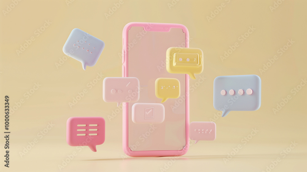 3D illustration of a smartphone with colorful chat bubbles, representing online communication 3D illustration of a smartphone with colorful chat bubbles, representing online communication