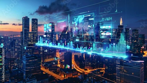 Wallpaper Mural A futuristic city skyline with digital data overlays and graphs representing technology and analytics. Torontodigital.ca