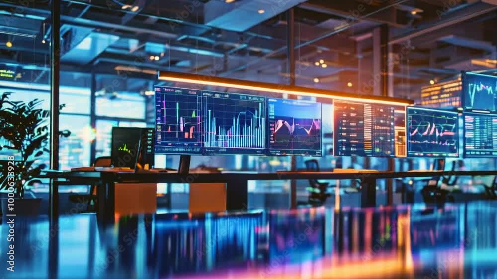 Modern office workspace with data analysis screens and a laptop. Stock ...