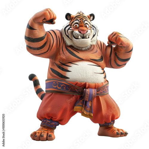 A cartoon tiger in a fighting stance with a confident smile. photo