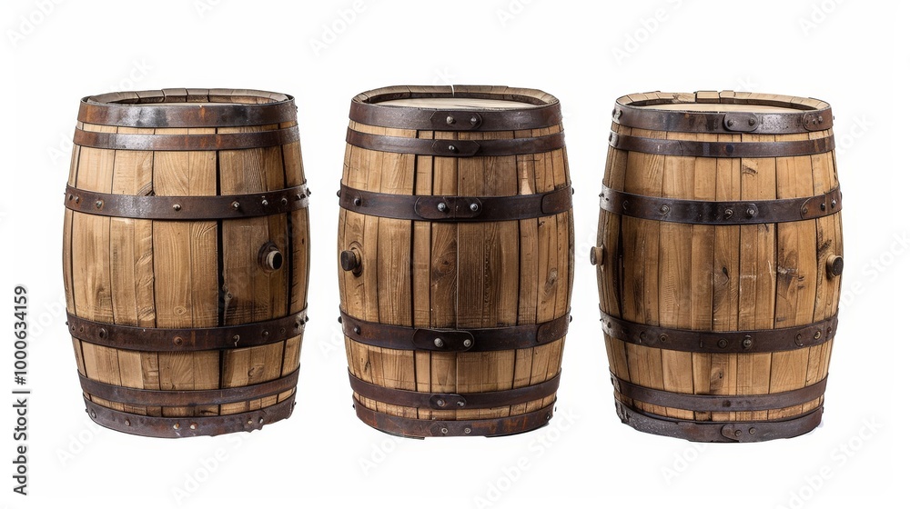 Fototapeta premium Three Wooden Barrels Isolated On White