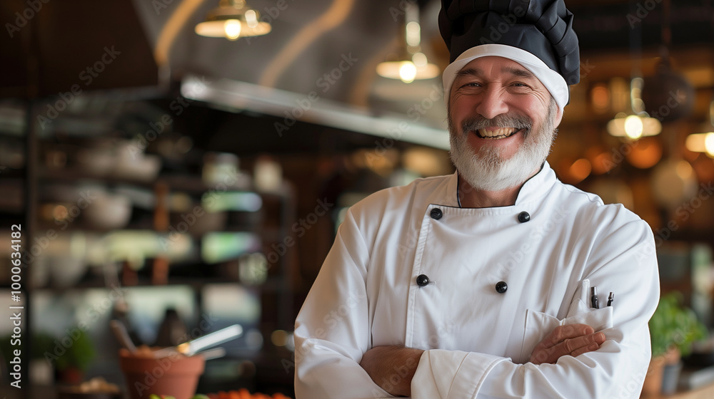 Smiling senior chef in black and white uniform standing confidently in a professional kitchen Smiling senior chef in black and white uniform standing confidently in a professional kitchen