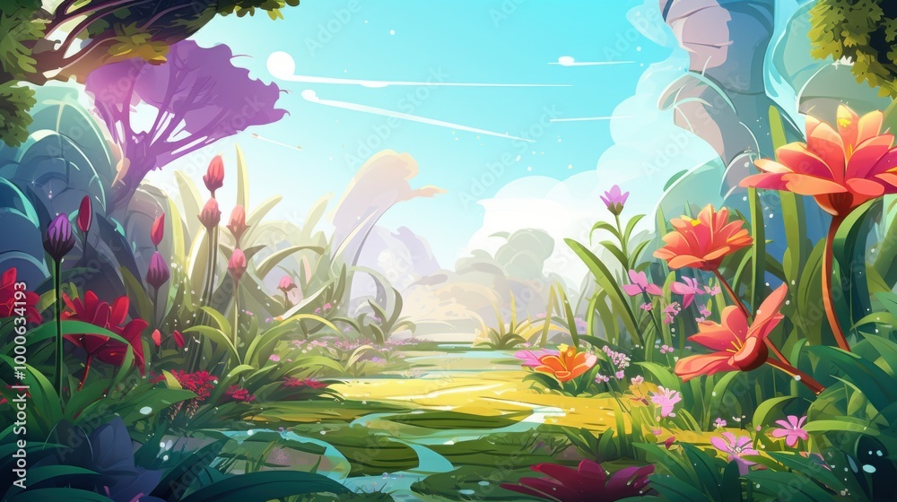 A Bright and Lush Meadow with Colorful Flowers and a Stream A Bright and Lush Meadow with Colorful Flowers and a Stream