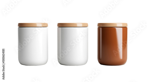 Minimalist Storage Jars, sleek containers with wooden lids, white and brown hues, modern kitchen essentials Isolated on Transparent background.