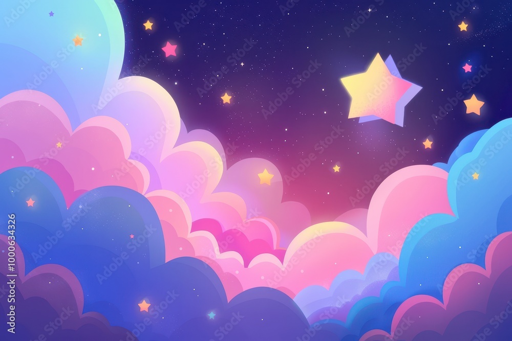 Whimsical Night Sky Illustration, enchanting celestial scene filled with vibrant stars, playful clouds, and a dreamy atmosphere, perfect for children's bedtime stories or imaginative decor Whimsical Night Sky Illustration, enchanting celestial scene filled with vibrant stars, playful clouds, and a dreamy atmosphere, perfect for children's bedtime stories or imaginative decor