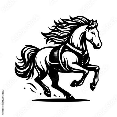 black and white logo of a running horse wearing a vest