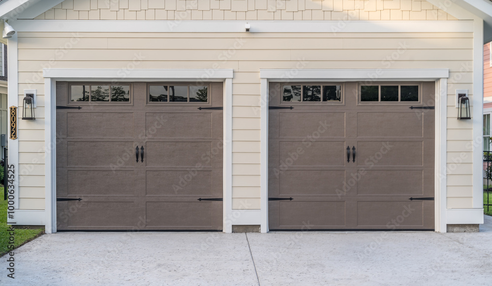 Brown electronic garage doors transom light windows on a double garage driveway with pink horizontal lap vinyl siding, black powder coated steel spade strap hinge 