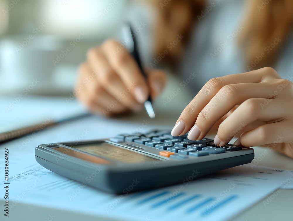 Closeup of a woman's hands using a calculator to do her finances. Closeup of a woman's hands using a calculator to do her finances.