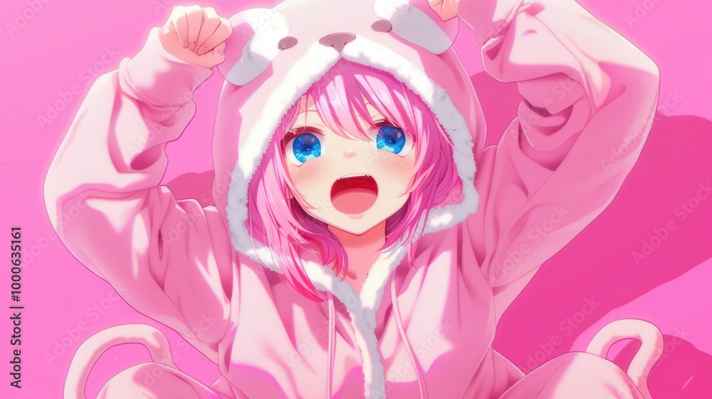 Cute pink onesie costume, anime girl striking a playful roar pose, showcasing vibrant colors and whimsical charm, perfect for cosplay or playful dress-up events. Cute pink onesie costume, anime girl striking a playful roar pose, showcasing vibrant colors and whimsical charm, perfect for cosplay or playful dress-up events.