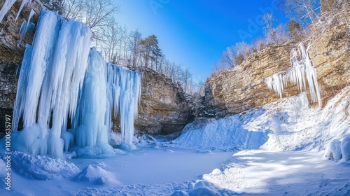 Frozen waterfall in snowy canyon under blue sky
