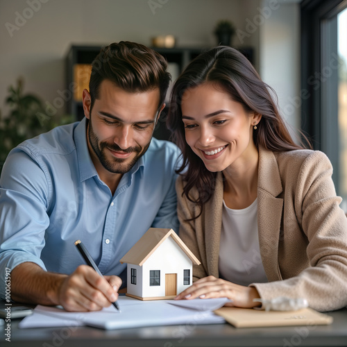  A joyful couple sits together, reviewing documents and smiling at a miniature house, symbolizing their journey to homeownership. Ideal for real estate marketing, blogs, and social media
