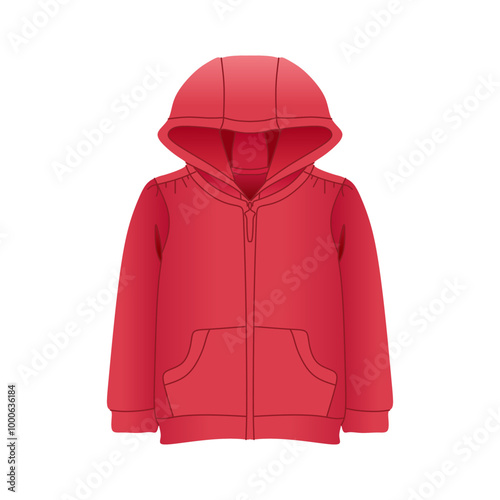 Kids Zipper Hoodie Jacket in red. Realistic flat 3D vector illustration in trendy style. Editable graphic resources for many purposes.