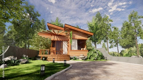 A cozy wooden house surrounded by trees, showcasing its rustic charm and inviting atmosphere