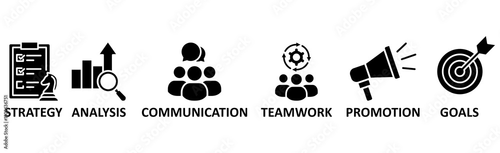 Marketing banner web icon vector illustration concept with icon of strategy, analysis, communication, teamwork, promotion, goals Marketing banner web icon vector illustration concept with icon of strategy, analysis, communication, teamwork, promotion, goals