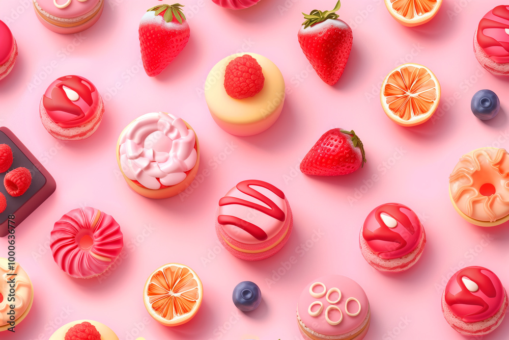  Geometric pattern of sweet foods: minimalist bakery desserts and fruits