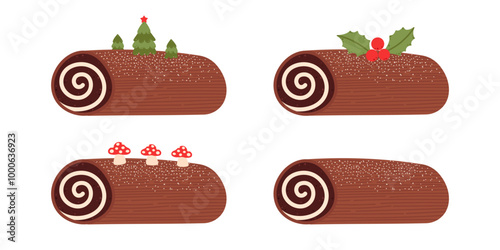 Set of  yule log traditional Christmas cake with decoration. Buche de noel dessert. Chocolate roll with cream. Flat vector illustration