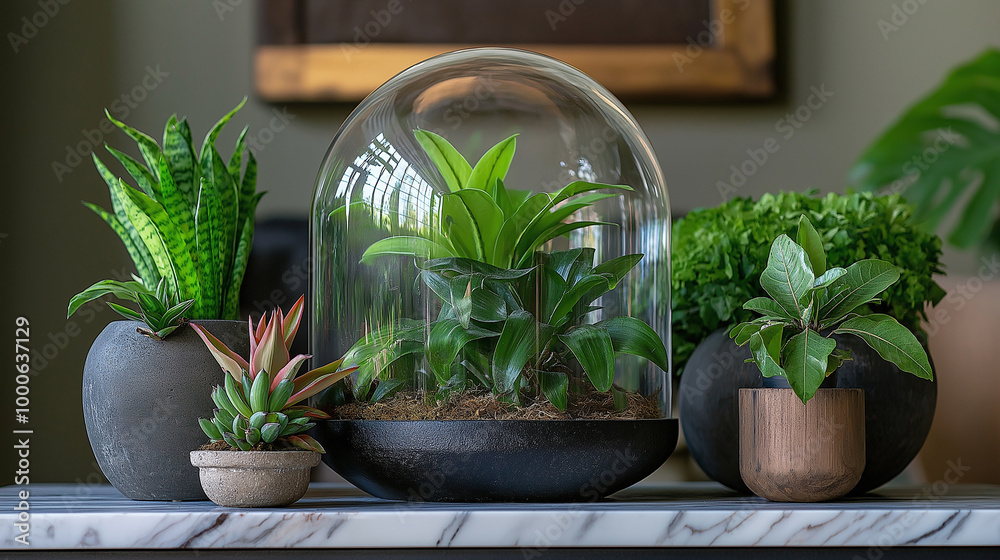 Exotic plants displayed in a glass dome over a marble fireplace mantel in a luxury home